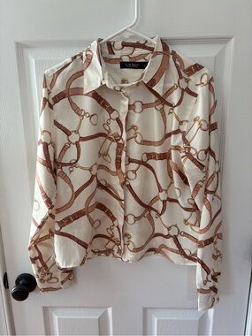 Lauren Ralph Lauren Equestrian Chain-Print Button Down Top size L